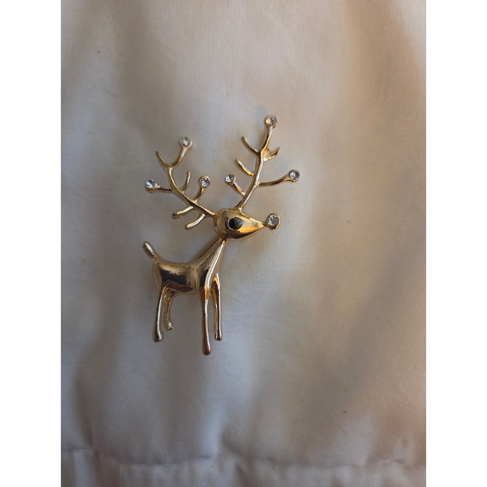 Gold Tone Reindeer Brooch Rhinestone Antler Christmas Holiday Pin